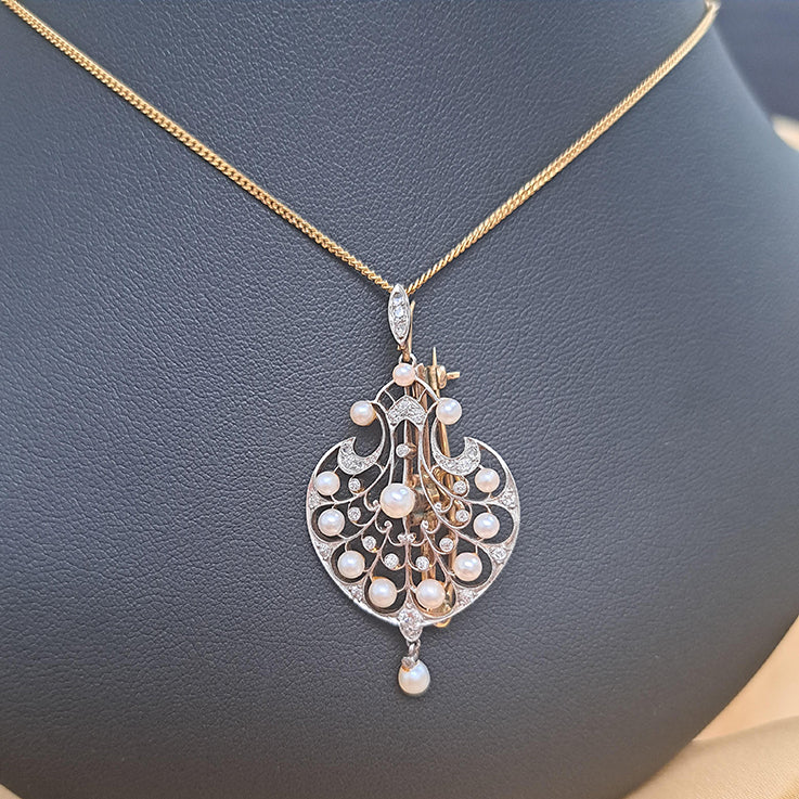 Victorian Antique Old Cut and Rose Cut Diamond and Pearl Pendant come Brooch