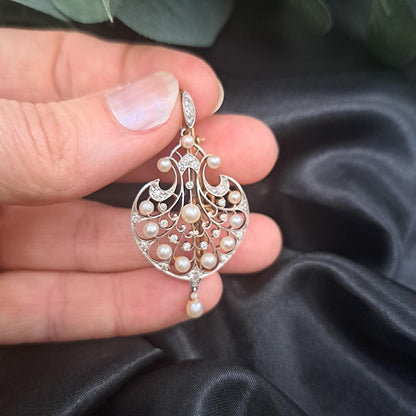 Victorian Antique Old Cut and Rose Cut Diamond and Pearl Pendant come Brooch