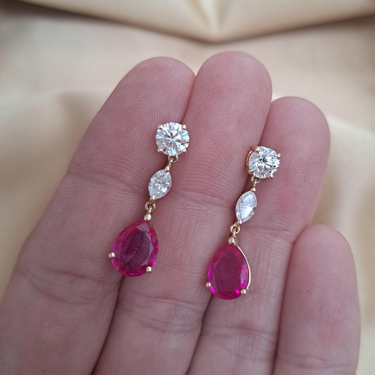 Certified 3.45ct Pear Cut Natural Burma No Heat Ruby and Diamond Drop Earrings in 18ct Yellow Gold
