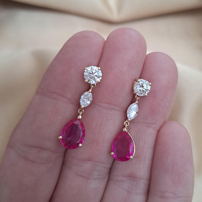 Certified 3.45ct Pear Cut Natural Burma No Heat Ruby and Diamond Drop Earrings in 18ct Yellow Gold