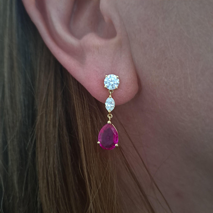 Certified 3.45ct Pear Cut Natural Burma No Heat Ruby and Diamond Drop Earrings in 18ct Yellow Gold