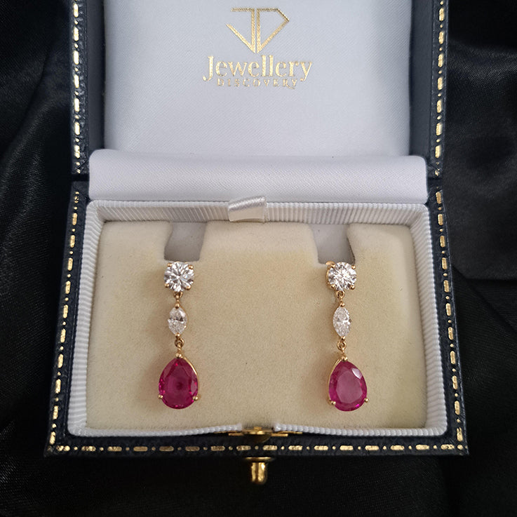 Certified 3.45ct Pear Cut Natural Burma No Heat Ruby and Diamond Drop Earrings in 18ct Yellow Gold