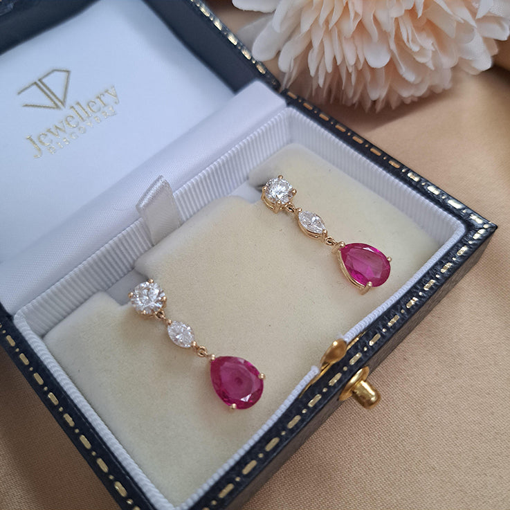 Certified 3.45ct Pear Cut Natural Burma No Heat Ruby and Diamond Drop Earrings in 18ct Yellow Gold