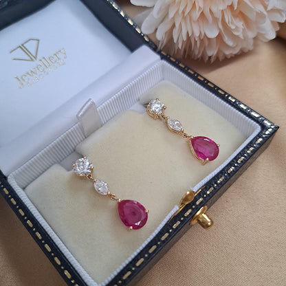 Certified 3.45ct Pear Cut Natural Burma No Heat Ruby and Diamond Drop Earrings in 18ct Yellow Gold