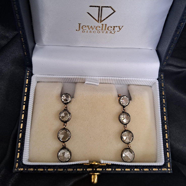 Antique Rose Cut Diamond Four Stone Drop Earrings