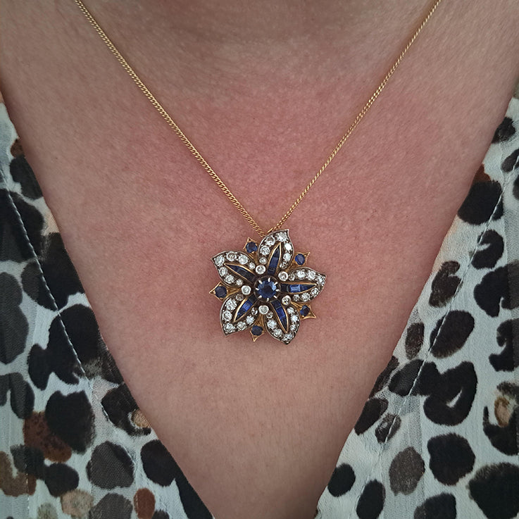 Antique Sapphire and Diamond Flower Five Point Brooch com Pendant