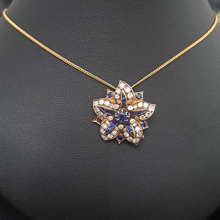 Antique Sapphire and Diamond Flower Five Point Brooch com Pendant