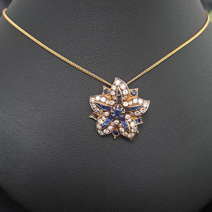 Antique Sapphire and Diamond Flower Five Point Brooch com Pendant
