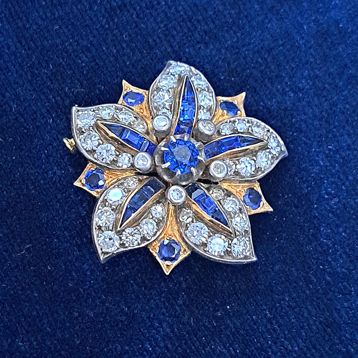 Antique Sapphire and Diamond Flower Five Point Brooch com Pendant