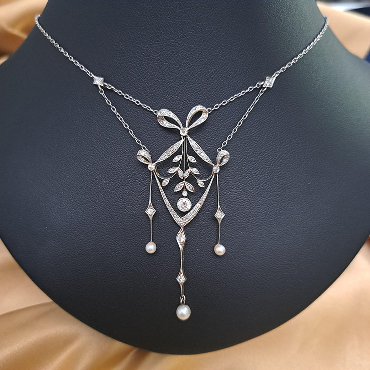 Edwardian Antique Diamond Bow and Swag Pendant Necklace with Pearl Drops