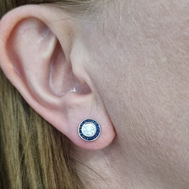 1.01ct Brilliant Cut Diamond and Calibre Sapphire Halo Cluster Stud Earrings