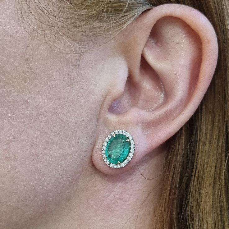 7.41ct Oval Emerald and Diamond Halo Cluster Stud Earrings