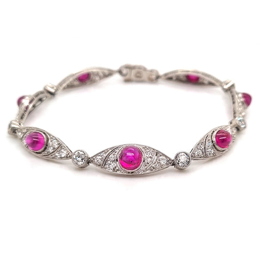 Art Deco Cabochon Burma Ruby and Diamond Link Bracelet