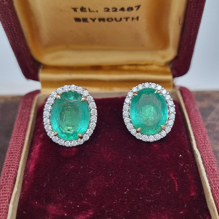 7.41ct Oval Emerald and Diamond Halo Cluster Stud Earrings