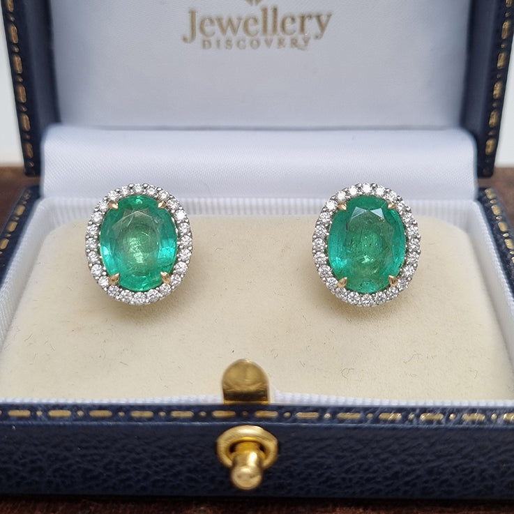 7.41ct Oval Emerald and Diamond Halo Cluster Stud Earrings
