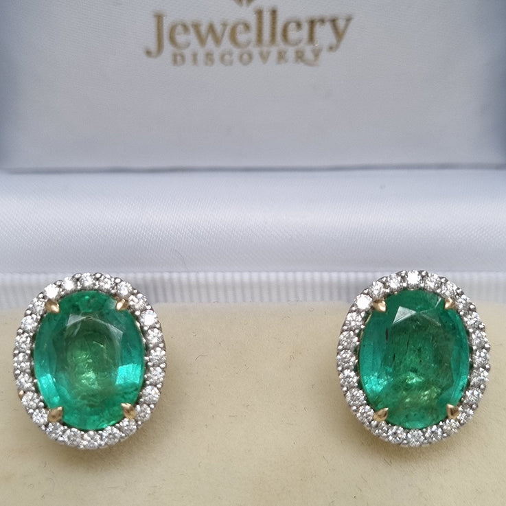7.41ct Oval Emerald and Diamond Halo Cluster Stud Earrings