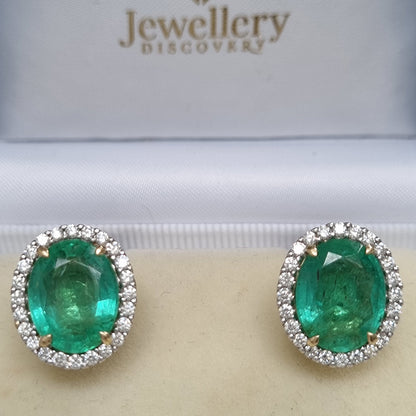 7.41ct Oval Emerald and Diamond Halo Cluster Stud Earrings