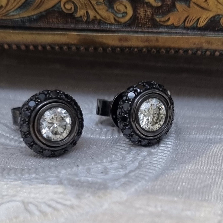 White Diamond Stud Earrings with Detachable Black Diamond Halos