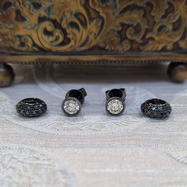 White Diamond Stud Earrings with Detachable Black Diamond Halo Surrounds