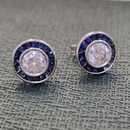 1.01ct Brilliant Cut Diamond and Calibre Sapphire Halo Cluster Stud Earrings