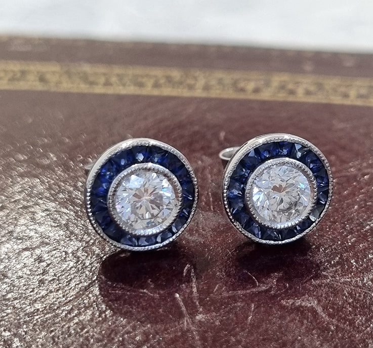 1.01ct Brilliant Cut Diamond and Calibre Sapphire Halo Cluster Stud Earrings
