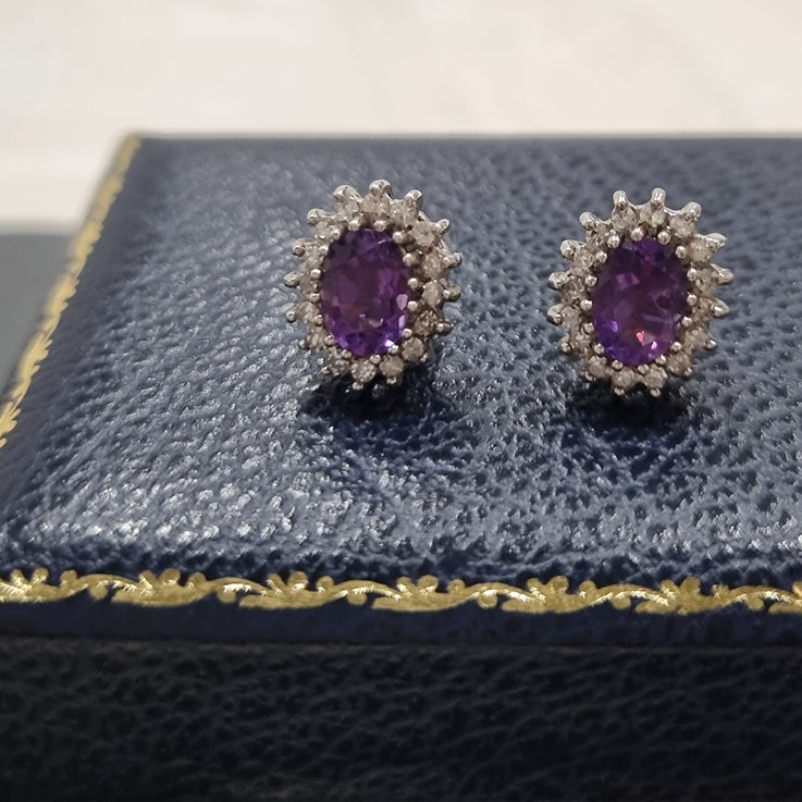 Oval Amethyst and Diamond Cluster Stud Earrings