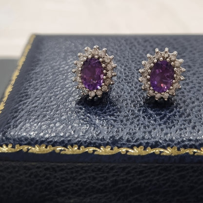 Oval Amethyst and Diamond Cluster Stud Earrings