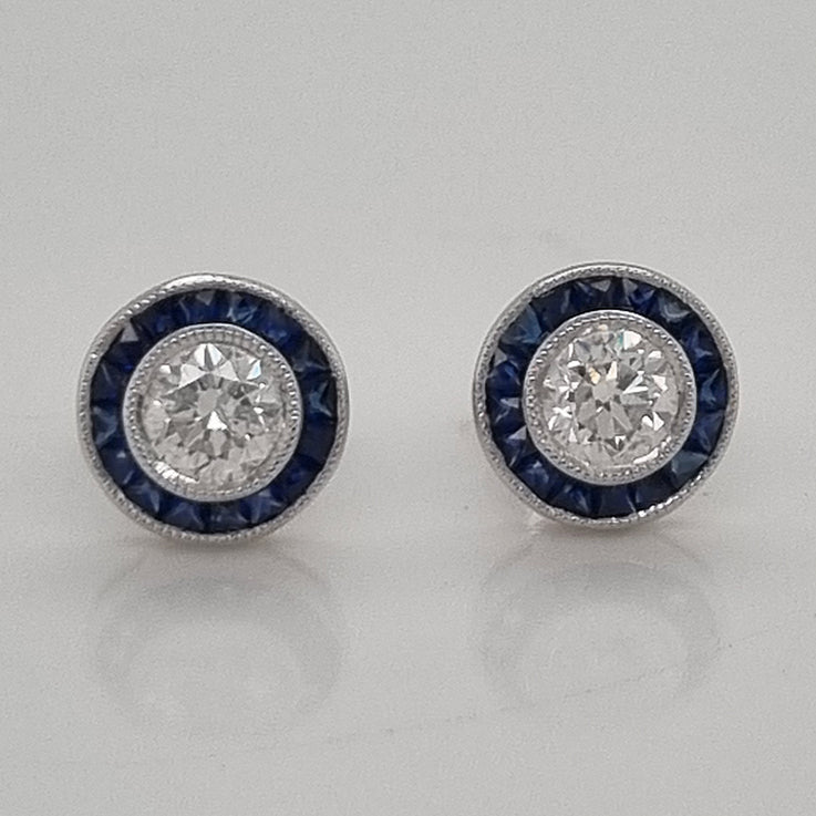 1.01ct Brilliant Cut Diamond and Calibre Sapphire Halo Cluster Stud Earrings