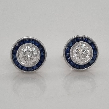 1.01ct Brilliant Cut Diamond and Calibre Sapphire Halo Cluster Stud Earrings