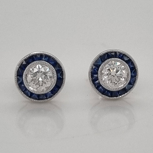 1.01ct Brilliant Cut Diamond and Calibre Sapphire Halo Cluster Stud Earrings