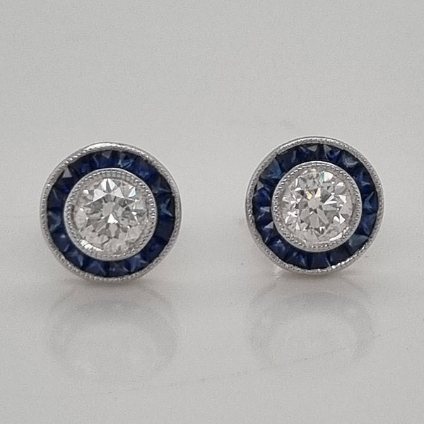 1.01ct Brilliant Cut Diamond and Calibre Sapphire Halo Cluster Stud Earrings