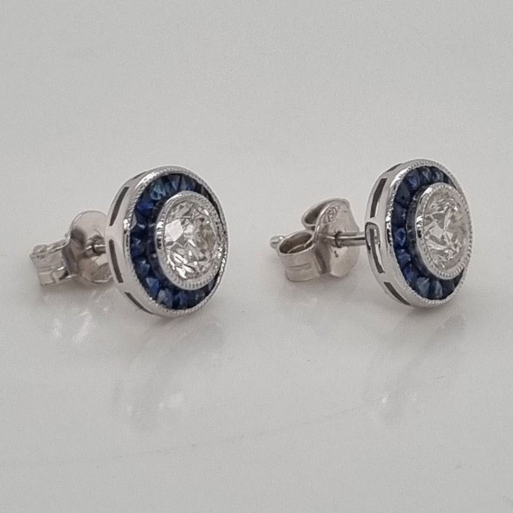 1.01ct Brilliant Cut Diamond and Calibre Sapphire Halo Cluster Stud Earrings