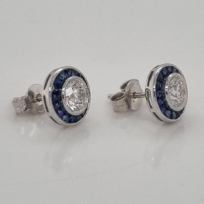 1.01ct Brilliant Cut Diamond and Calibre Sapphire Halo Cluster Stud Earrings