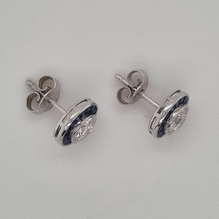 1.01ct Brilliant Cut Diamond and Calibre Sapphire Halo Cluster Stud Earrings