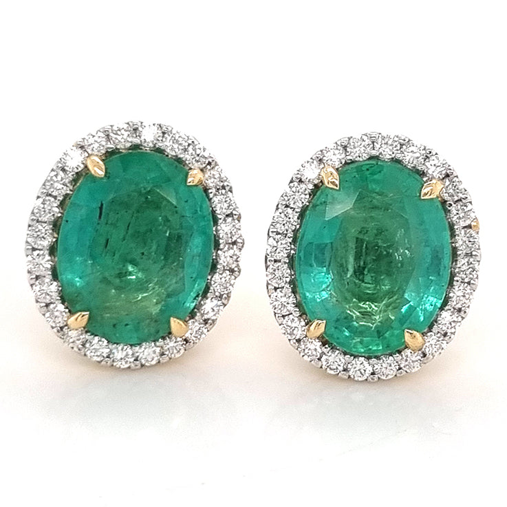 7.41ct Oval Emerald and Diamond Halo Cluster Stud Earrings