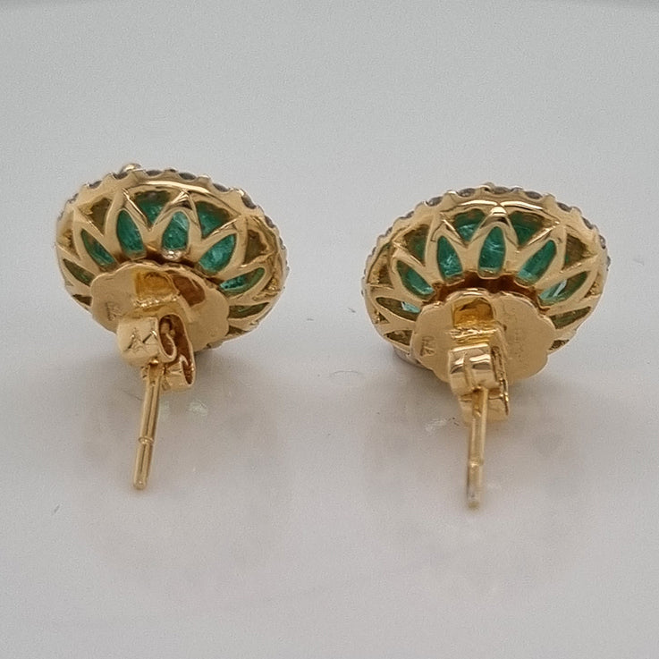 7.41ct Oval Emerald and Diamond Halo Cluster Stud Earrings