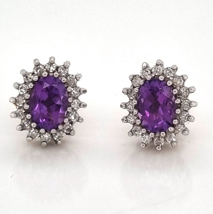 Oval Amethyst and Diamond Cluster Stud Earrings
