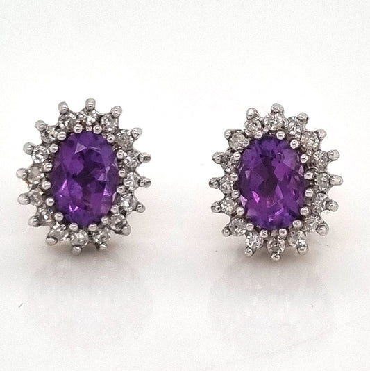 Oval Amethyst and Diamond Cluster Stud Earrings