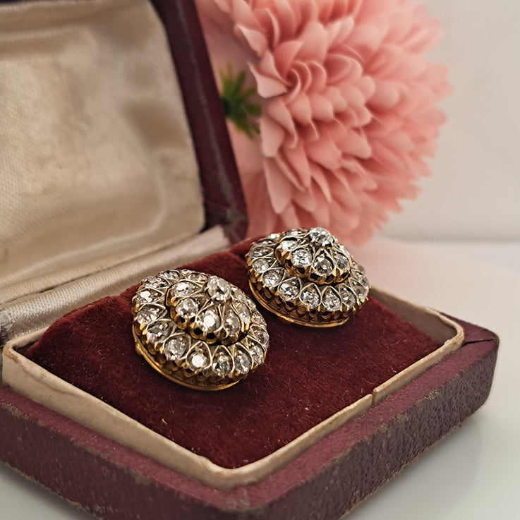 Victorian Antique 2.90ct Old Mine Cut Diamond Coronet Cluster Earrings