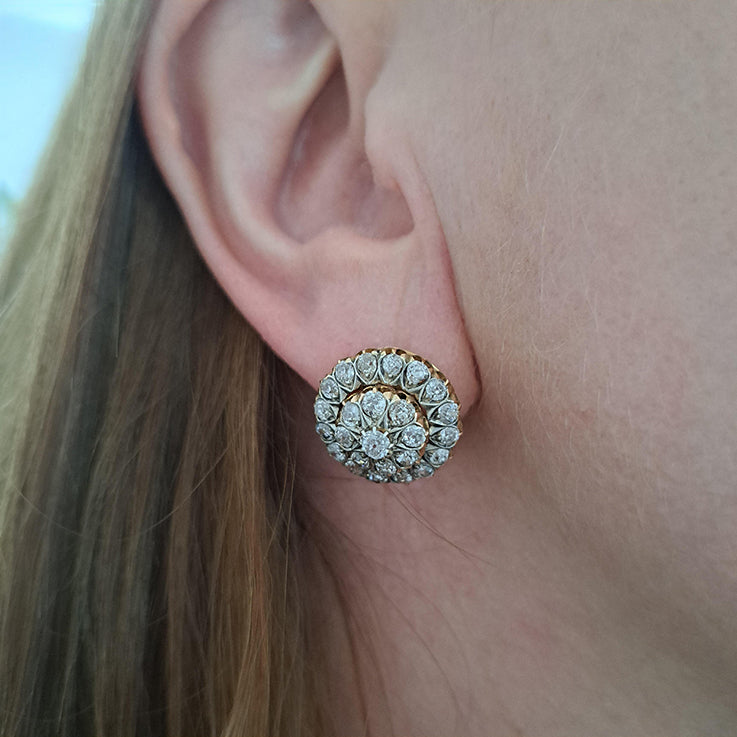 Victorian Antique 2.90ct Old Mine Cut Diamond Coronet Cluster Earrings