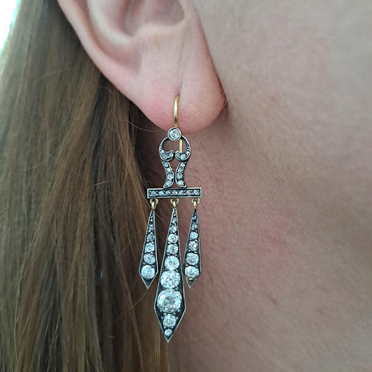 Antique Georgian Regency 2.50ct Old Mine Cut Diamond Drop Chandelier Earrings