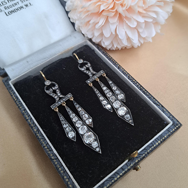Antique Georgian Regency 2.50ct Old Mine Cut Diamond Drop Chandelier Earrings