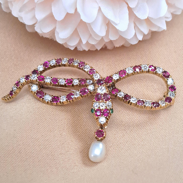Antique Burma Ruby and Old Cut Diamond Snake Brooch with Emerald Eyes and Natural Pearl Drop