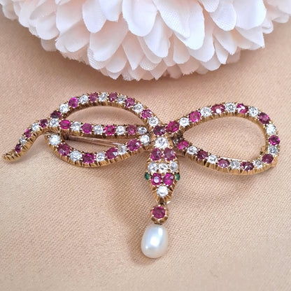 Antique Burma Ruby and Old Cut Diamond Snake Brooch with Emerald Eyes and Natural Pearl Drop
