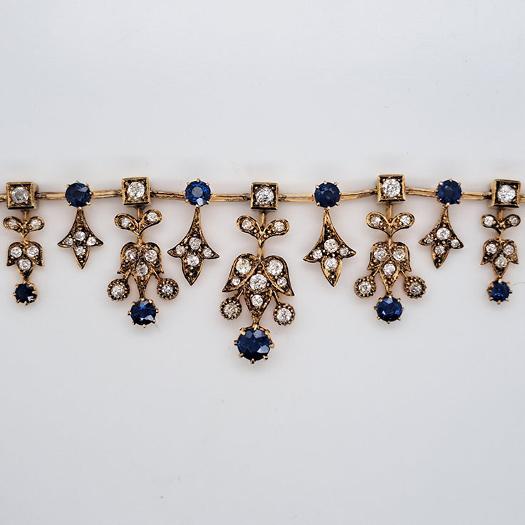 Edwardian Antique Sapphire and Old Cut Diamond Fringe Necklace in Yellow Gold