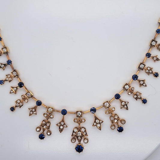 Edwardian Antique Sapphire and Old Cut Diamond Fringe Necklace in Yellow Gold