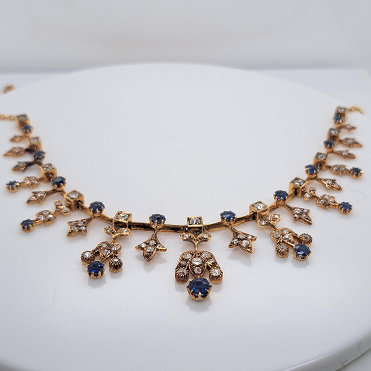 Edwardian Antique Sapphire and Old Cut Diamond Fringe Necklace in Yellow Gold