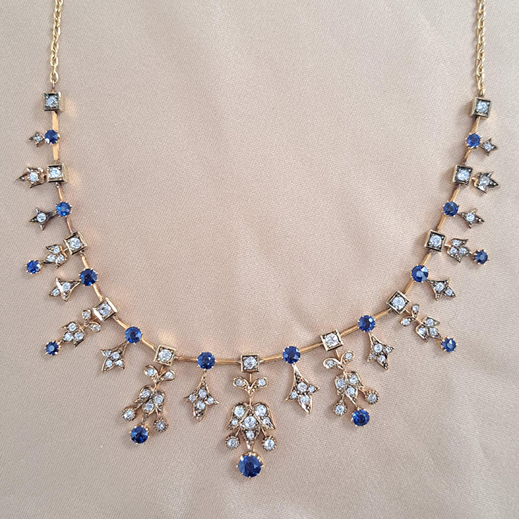 Edwardian Antique Sapphire and Old Cut Diamond Fringe Necklace in Yellow Gold