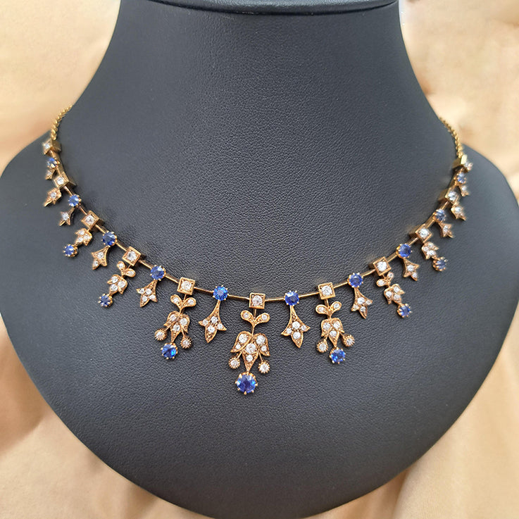 Edwardian Antique Sapphire and Old Cut Diamond Fringe Necklace in Yellow Gold