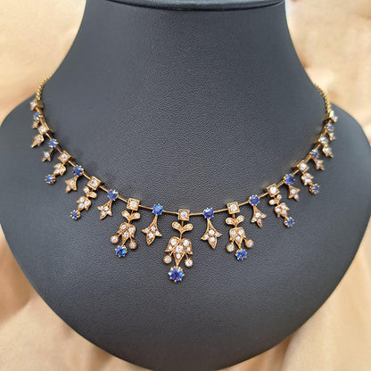 Edwardian Antique Sapphire and Old Cut Diamond Fringe Necklace in Yellow Gold